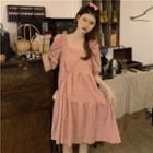 Square-neck Plain Puff-sleeve Short-sleeve Dress