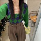 Argyle Knit Shrug / Camisole Top / Wide Leg Dress Pants / Set