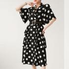 Elbow-sleeve Dotted Tiered Midi A-line Dress
