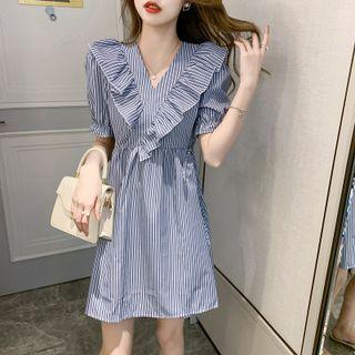 Short-sleeve Striped Ruffle Mini A-line Dress