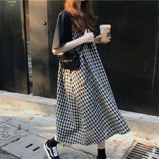 Elbow-sleeve T-shirt / Gingham Spaghetti Strap Dress