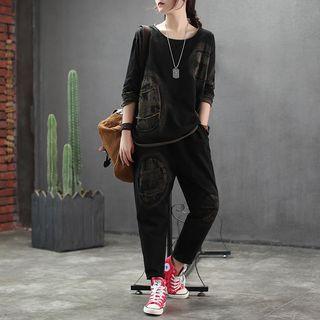 Set: Play Long-sleeve T-shirt + Crop Harem Pants T-shirt - Black - One Size / Pants - Black - One Size