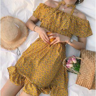 Printed Tie-neck Flounced A-line Dress