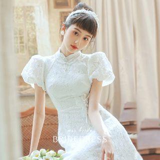Puff-sleeve Beaded Lace Wedding Gown