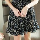 Elbow-sleeve Smocked-waist Half-placket Floral Dress