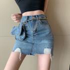 Distressed Denim Mini Pencil Skirt With Belt Bag