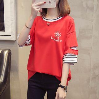 Print Elbow-sleeve Mock Two-piece T-shirt