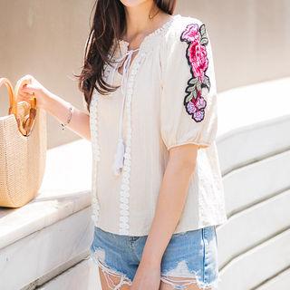 Smocked-neckline Embroidered Sleeve Top