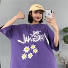 Lettering Flower Print Elbow-sleeve T-shirt