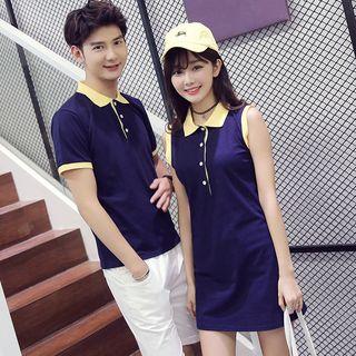 Couple Matching Color Panel Short Sleeve Polo Shirt/ Sleeveless Polo Shirt Dress