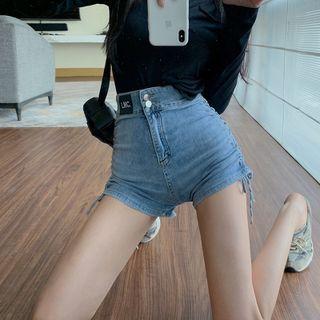 Drawstring Denim Hot Pants / Print Slit Top