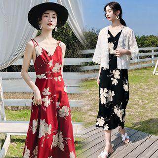 Strappy Floral A-line Midi Dress / 3/4-sleeve Embroidered Light Jacket