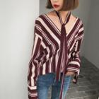 Striped V-neck Blouse With Skinny Scarf