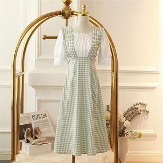 Elbow-sleeve Blouse / Gingham Midi A-line Pinafore Dress