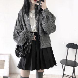 Lantern-sleeve Plaid Shirt Gray - One Size