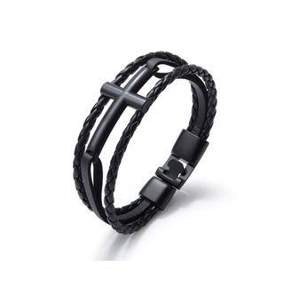 Simple Classic Black 316l Stainless Steel Cross Leather Bracelet Black - One Size