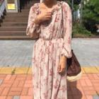Floral Long-sleeve Midi Chiffon Dress As Shown In Figure - One Size