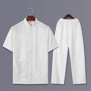 Set: Mandarin Collar Short-sleeve Shirt + Band-waist Straight-cut Pants