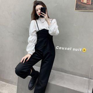 Puff Sleeve Mock Neck Top / Suspender Pants