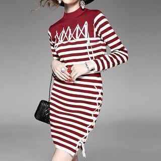 Set: Lace Up Detail Striped Sweater + Knit Skirt