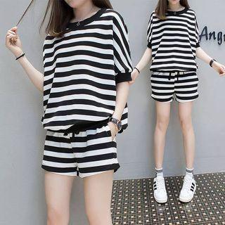 Set: Striped Elbow-sleeve T-shirt + Sweat Shorts