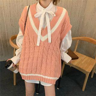 Long-sleeve Tie-neck Blouse / Cable Knit Sweater Vest