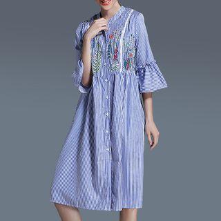 Embroidered Striped Bell-sleeve Shirtdress