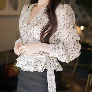 Ruffled Heart-patterned Wrap Blouse