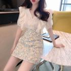 Puff-sleeve Ruffle Lace Trim Blouse / Floral Mini Pencil Skirt / Set