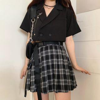 Short-sleeve Double Breasted Open-collar Shirt / Plaid Pleated A-line Mini Skirt