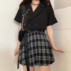 Short-sleeve Double Breasted Open-collar Shirt / Plaid Pleated A-line Mini Skirt