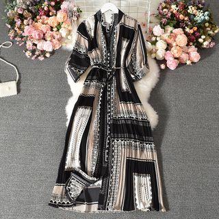 Elbow-sleeve Printed A-line Dress As Shown In Figure - One Size