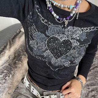 Long-sleeve Rhinestone Flower Print Cropped T-shirt