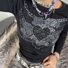 Long-sleeve Rhinestone Flower Print Cropped T-shirt