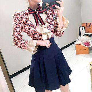 Long-sleeve Pattern Panel Ruffle Trim Mini A-line Dress