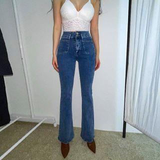 Patch-pocket Washed Boot-cut Jeans