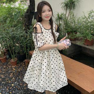 Short-sleeve Cold-shoulder Dotted A-line Dress Almond - One Size