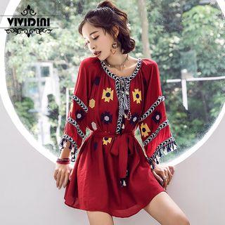 3/4-sleeve Embroidered Tasseled Mini Sundress