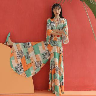 Bell-sleeve V-neck Printed Tie-waist Top