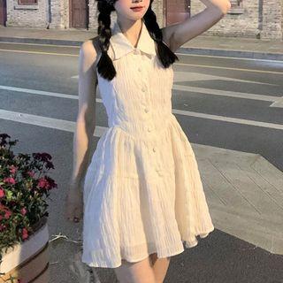 Sleeveless Shirred A-line Polo Dress White - One Size