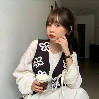 Long-sleeve Midi A-line Dress / Printed Vest