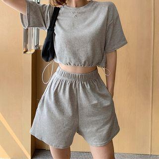 Set: Short-sleeve Drawstring Cropped T-shirt + Shorts