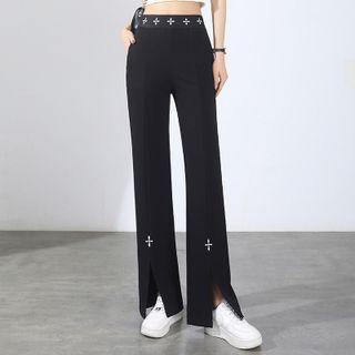 Cross Print Slit-hem Bootcut Pants