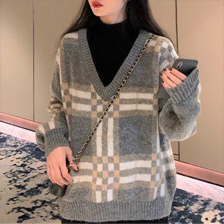 Mock Two Piece V Neck Plaid Sweater