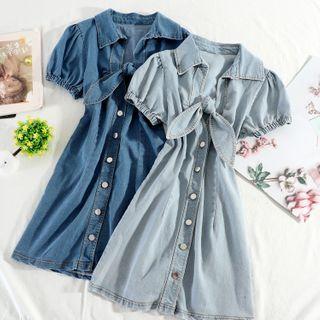 Puff-sleeve Mini A-line Denim Shirtdress