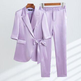Elbow-sleeve Sashed Blazer / Straight Leg Dress Pants / Set