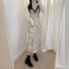 Long-sleeve Turtleneck Top / Spaghetti Strap Floral Print Lace Trim Midi A-line Dress