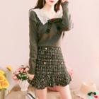 Peter Pan Collar Bow-accent Knit Top+high-waist Plaid Tweed Mermaid Skirt