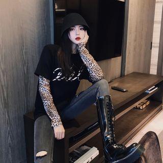 Mock Two-piece Leopard Print Long-sleeve T-shirt Black - One Size