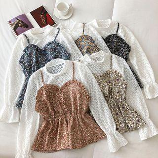 Long-sleeve Lace Mock Two-piece Blouse